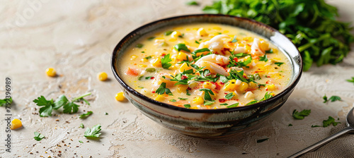 Bowl of corn soup with crab meat photo
