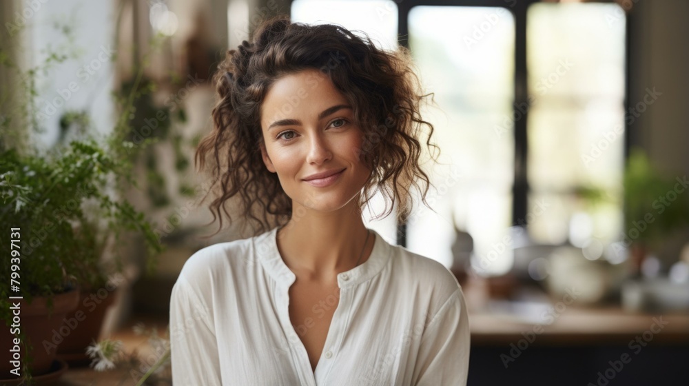 Portrait of a beautiful young woman with curly hair smiling Portrait of a beautiful young woman with curly hair smiling
