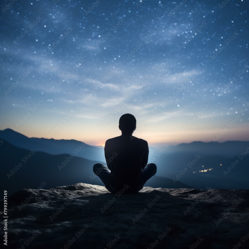 Man Meditating on a Mountaintop at Night Man Meditating on a Mountaintop at Night