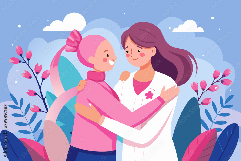 Heart warming illustration of a patient receiving care and hug from a doctor Heart warming illustration of a patient receiving care and hug from a doctor