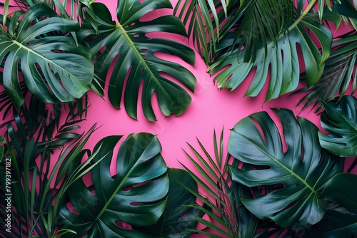 monstera or palm leaves over the entire surface of the pink background