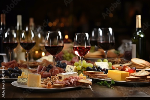 An assortment of red and white wine  cheese  and fruit on a wooden table.