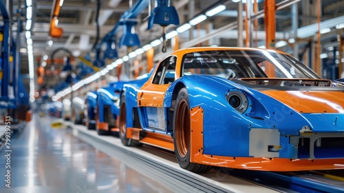  cars on assembly line in an automotive factory.