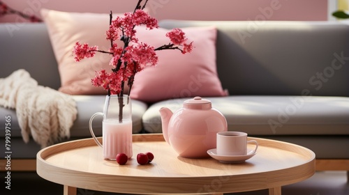 Elegant pink home interior with pink flowers in vase, teapot and cup on round wooden table