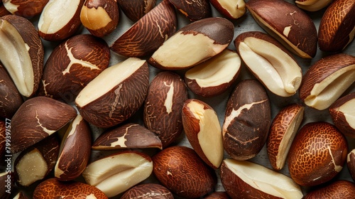 Many delicious Brazil nuts as background, top view
