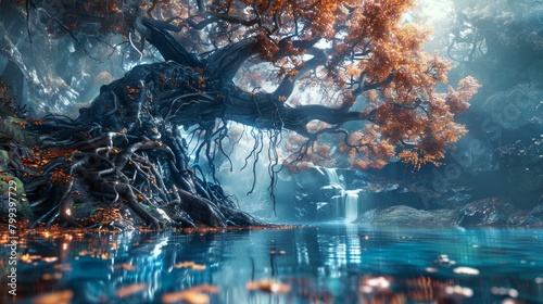 Mystical Tree Landscape with Glowing Mushrooms and Waterfall