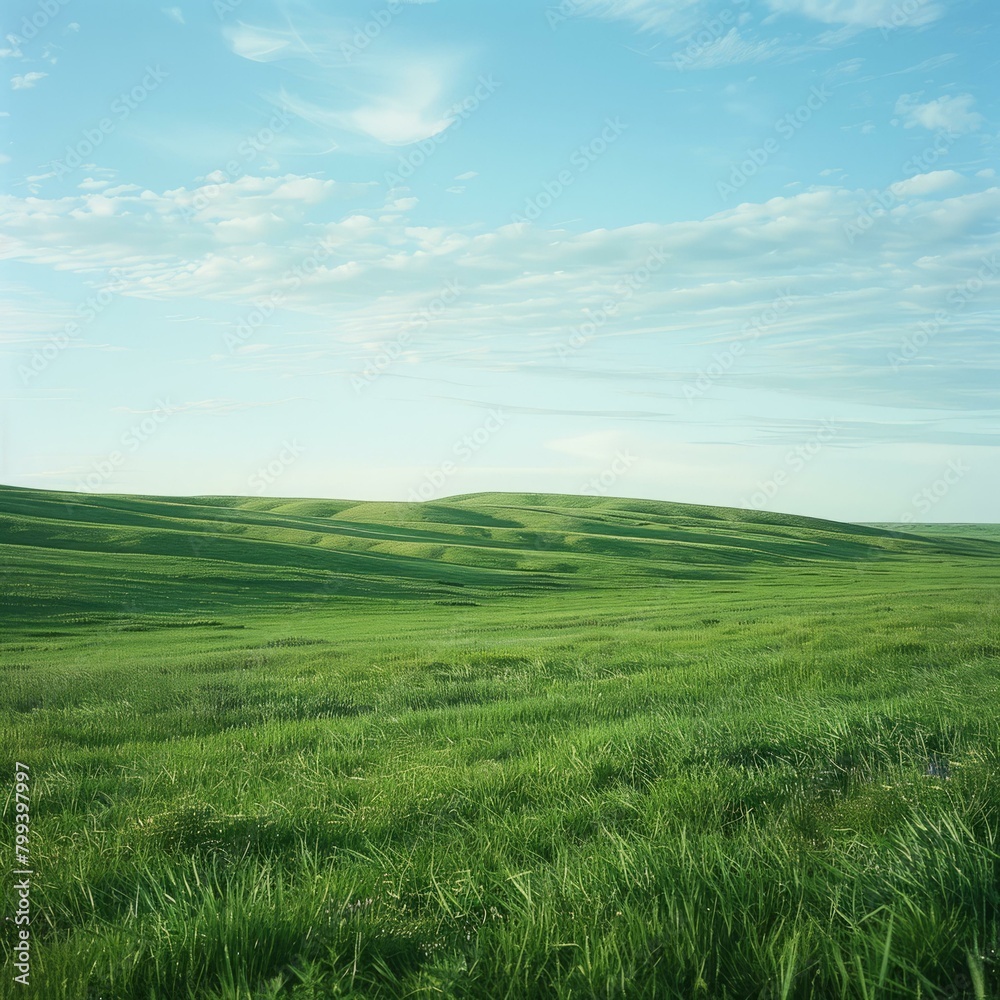 Vast green rolling hills under blue sky with white clouds Vast green rolling hills under blue sky with white clouds