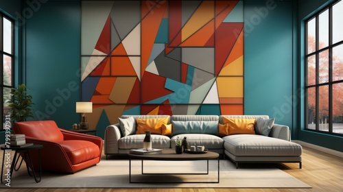 A Stylish Living Room With a Colorful Geometric Wall