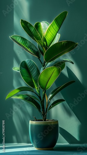 A potted Fiddle Leaf Fig plant in front of a green background photo