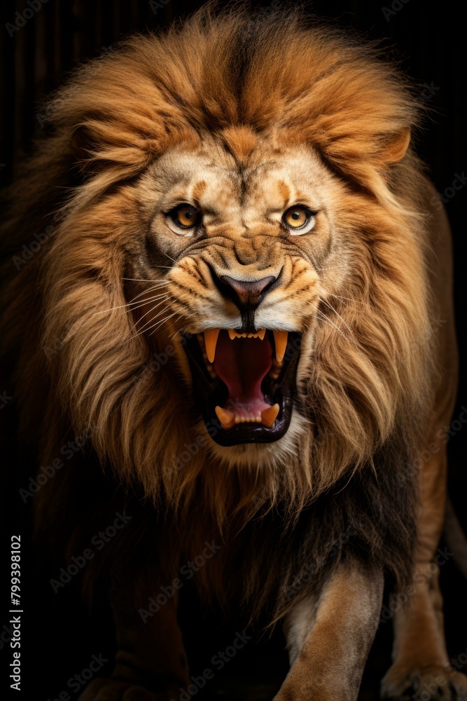 Close up of a roaring lion with a dark background