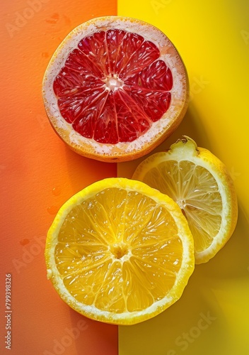 Close-up photo of a halved grapefruit and lemon photo