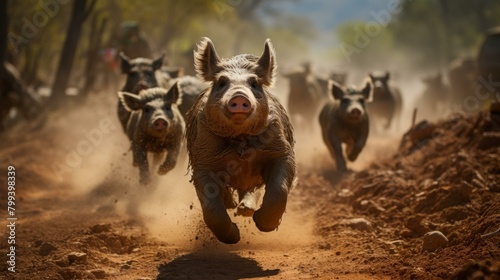 A group of wild pigs are running in the forest photo