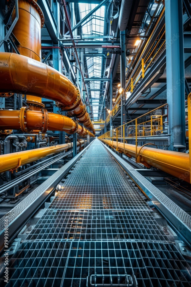 The innards of a modern industrial building with yellow pipes and catwalks The innards of a modern industrial building with yellow pipes and catwalks