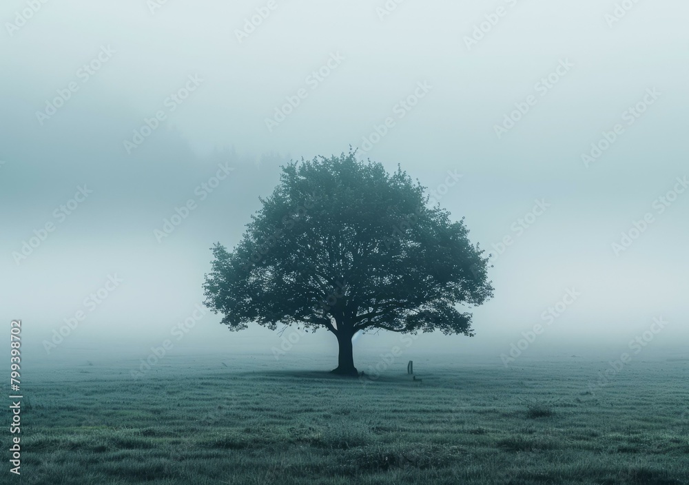A lonely tree stands in a foggy field A lonely tree stands in a foggy field