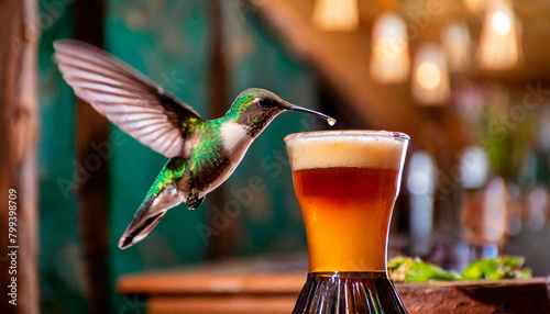 Green hummingbird flying and drinking from a glass of cold beer inside a pub