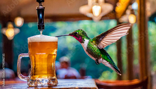Green hummingbird flying and drinking from a glass of cold beer inside a pub
