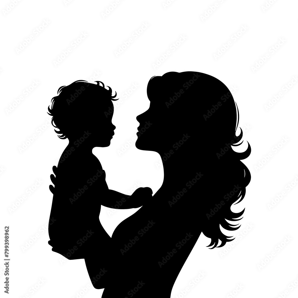 silhouette of a mother holding baby illustration happy mothers day specials, Cute Mom And son with heart Mother's day logo, illustration of  a woman holding a child mothers day special