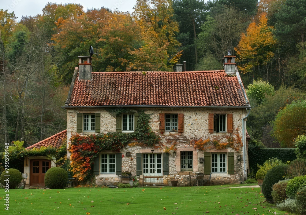 A Stone Cottage With a Tiled Roof and Green Shutters