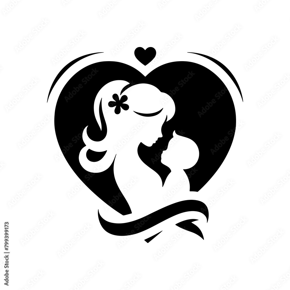silhouette of a mother holding baby illustration happy mothers day specials, Cute Mom And son with heart Mother's day logo, illustration of  a woman holding a child mothers day special