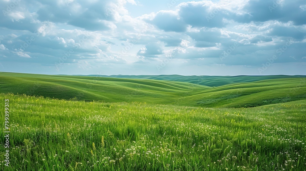 Green rolling hills under a blue sky with white clouds