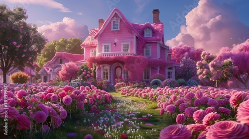 pink dream house in flower field #799399311