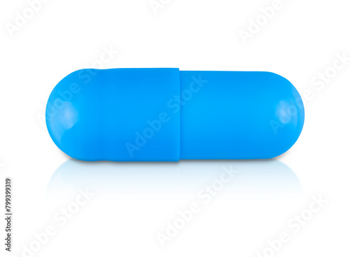 Blue capsule tablet isolated on a transparent background with shadow. Stock photo.