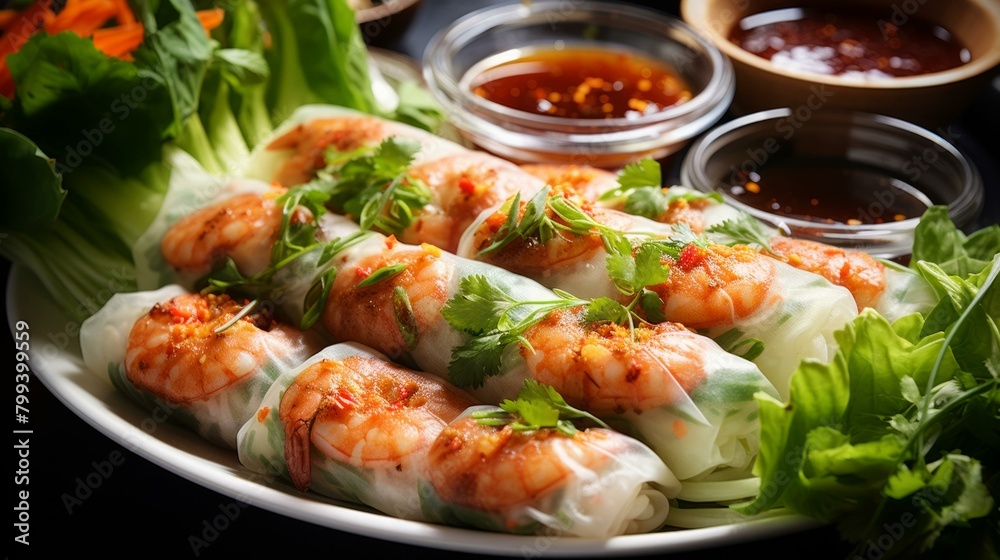 Fresh and delicious Vietnamese spring rolls with vegetables and shrimp Fresh and delicious Vietnamese spring rolls with vegetables and shrimp