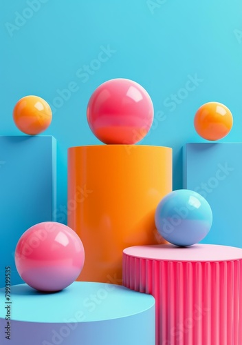 3D rendering of colorful balls on podiums against blue background