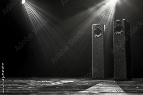 Two black speakers on a wooden stage lit by spotlights photo