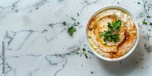 Homemade hummus with olive oil and parsley photo