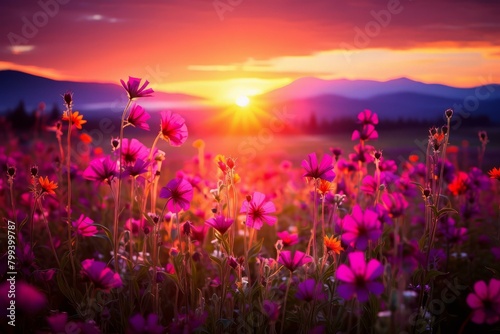Field of pink flowers at sunset