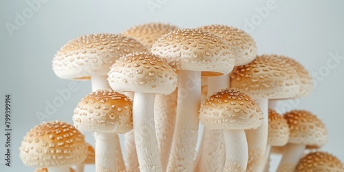 A cluster of mushrooms with brown caps and white stems photo