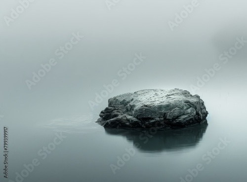 A large rock sits in the middle of a still lake on a foggy day