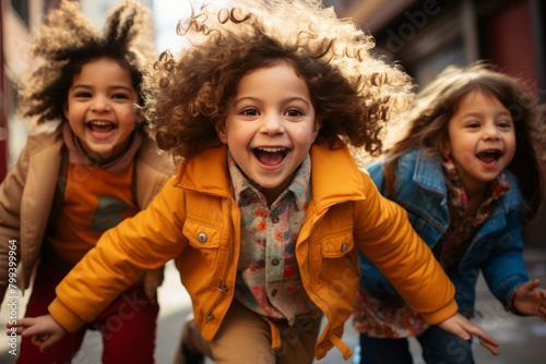 Three happy children running down the street photo