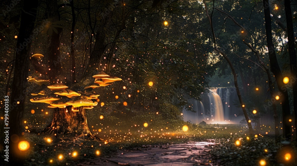 Obraz premium Glowing mushrooms in a magical forest with a waterfall