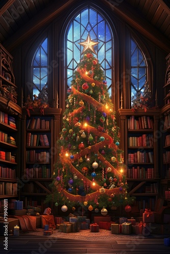 A Christmas tree in a library