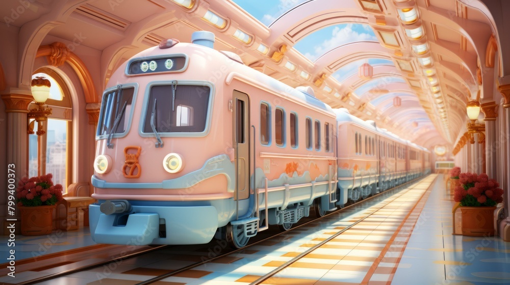 Obraz premium A pink and blue train is in a pink and blue station