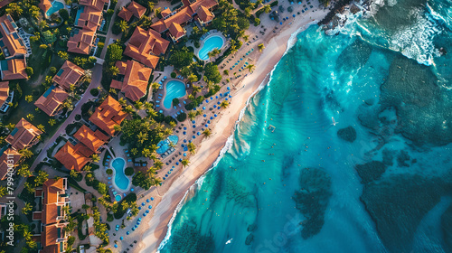 aerial view of hotel on the tropical beach background, travel concept, summer time, holiday and vacation, relaxation