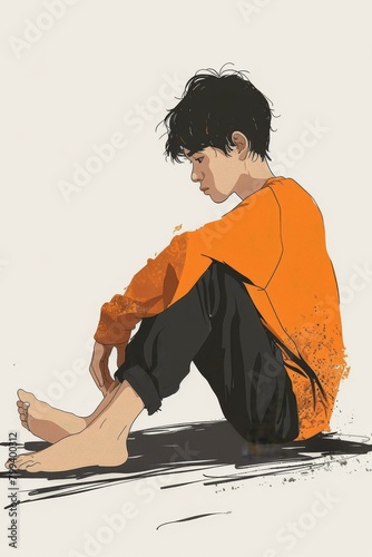 boy sitting on the ground with bare feet photo