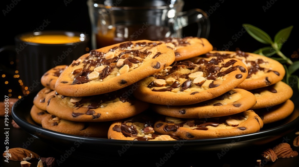 A stack of chocolate chip cookies on a black plate A stack of chocolate chip cookies on a black plate