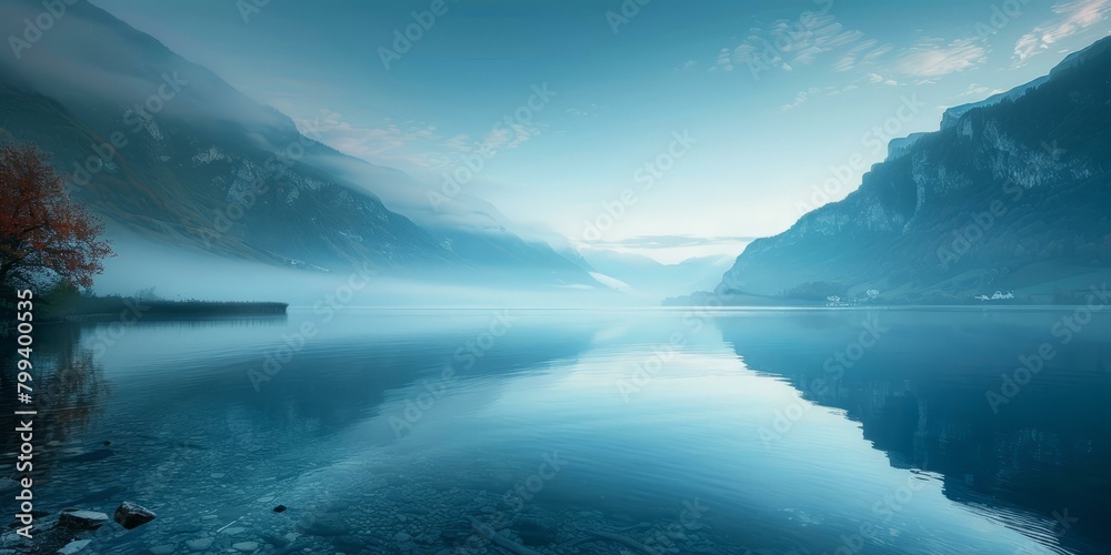 Mountains and lake in the morning mist