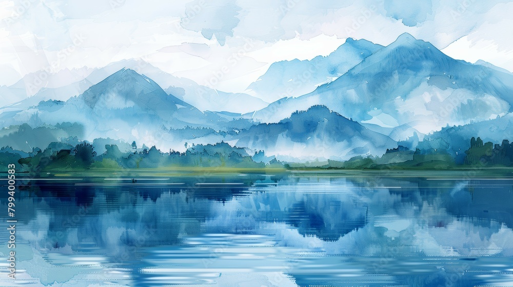 Abstract Watercolor Landscape with Mountains