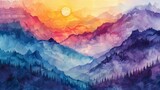Abstract Watercolor Landscape with Mountains