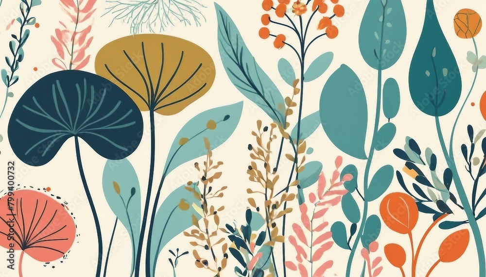 Abstract botanical background with organic shapes and floral motifs.