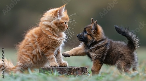   A cat and dog frolic together in a field of green  with one paw entwined around the feline s head