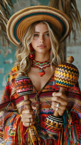 Blonde in Mexican Poncho with Maracas