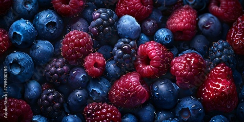 Close-up of vibrant blueberries  blackberries  and raspberries with visible water droplets  creating a fresh and juicy texture.