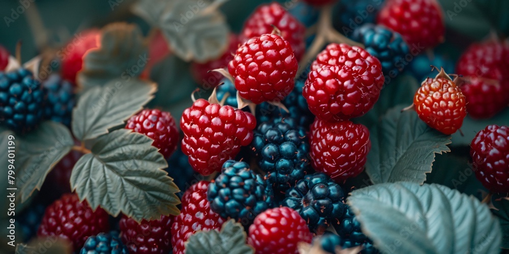 Lush red raspberries and dark blueberries are densely packed among vibrant green leaves, creating a fresh, colorful display. Lush red raspberries and dark blueberries are densely packed among vibrant green leaves, creating a fresh, colorful display.