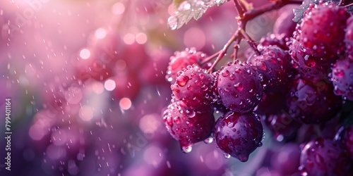 Close-up of dew-covered berries on a branch, highlighted by sunlight with droplets of water shimmering, set against a blurry background.
