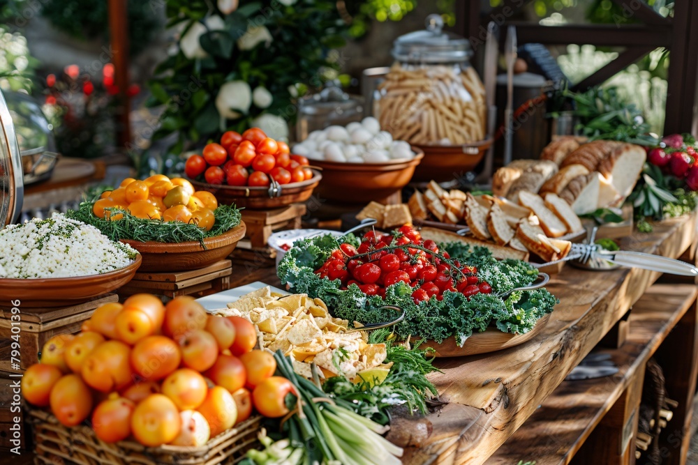 An abundant brunch spread featuring a variety of fresh fruits, pastries, salads, and breads on wooden tables in a garden setting.